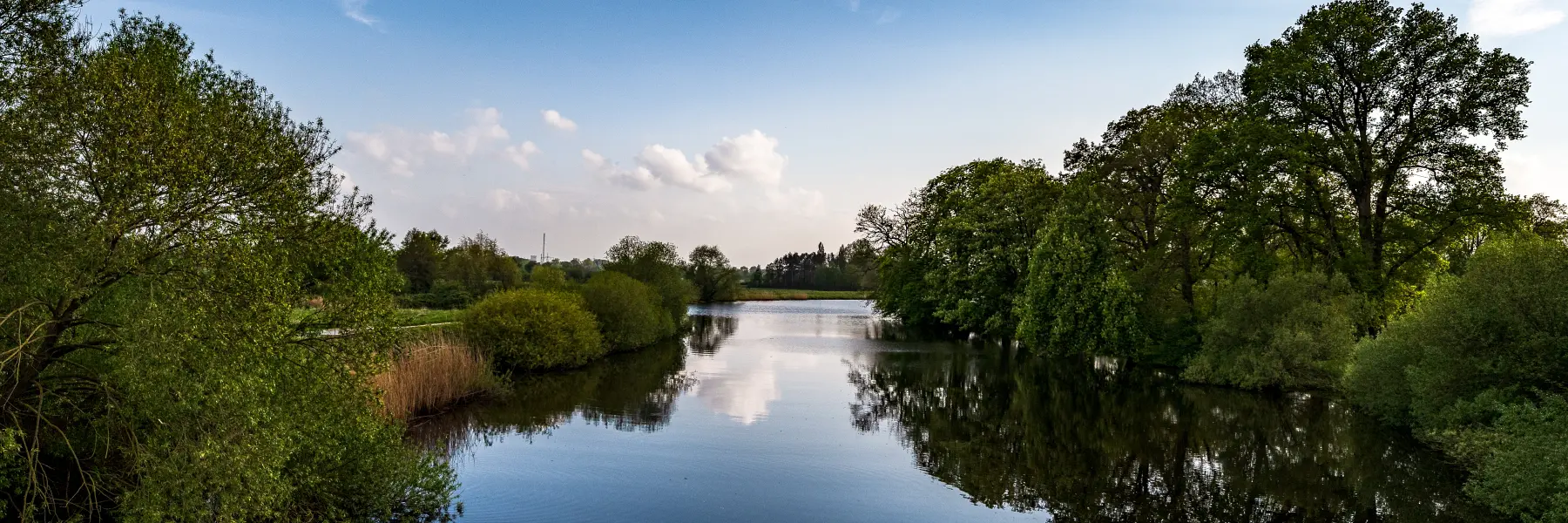 Ein Foto des Flusses Hamme, der durch Ritterhude fließt und Teil der Wasserversorgung der Stadt ist. Rechts und links vom Fluss wachsen sattgrüne Bäume und Sträucher.
